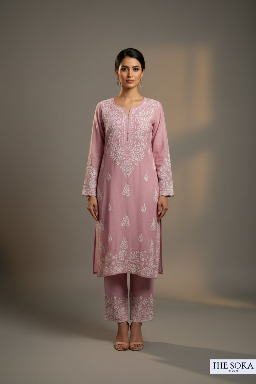 Pink Undertone Pure Chikankari Premium Reyon  Embroidered Handwork 
