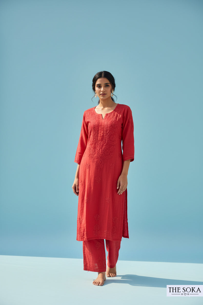 Red Pure Chikankari Premium Reyon Embroidered Handwork 