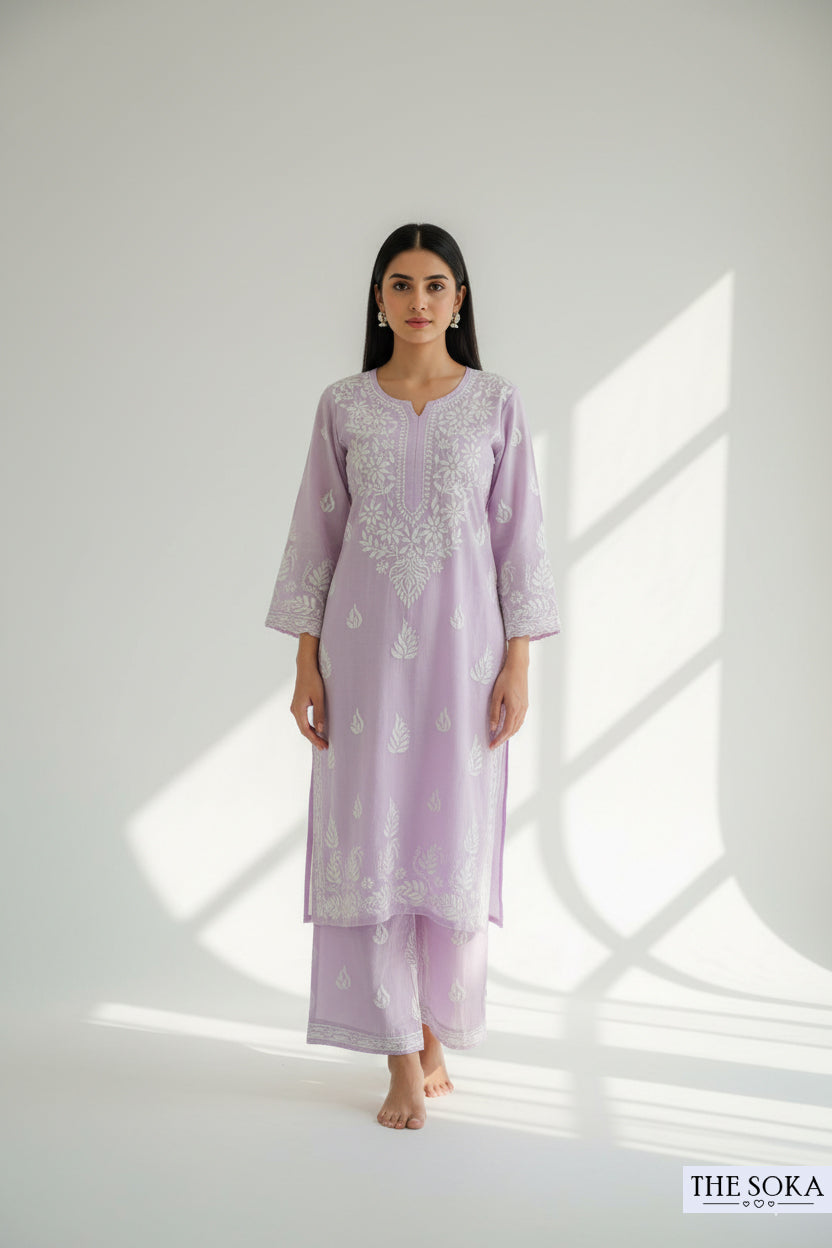 Lavender Pink Pure Chikankari Premium Reyon  Embroidered Handwork 