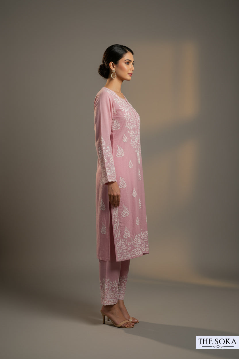 Pink Undertone Pure Chikankari Premium Reyon  Embroidered Handwork 