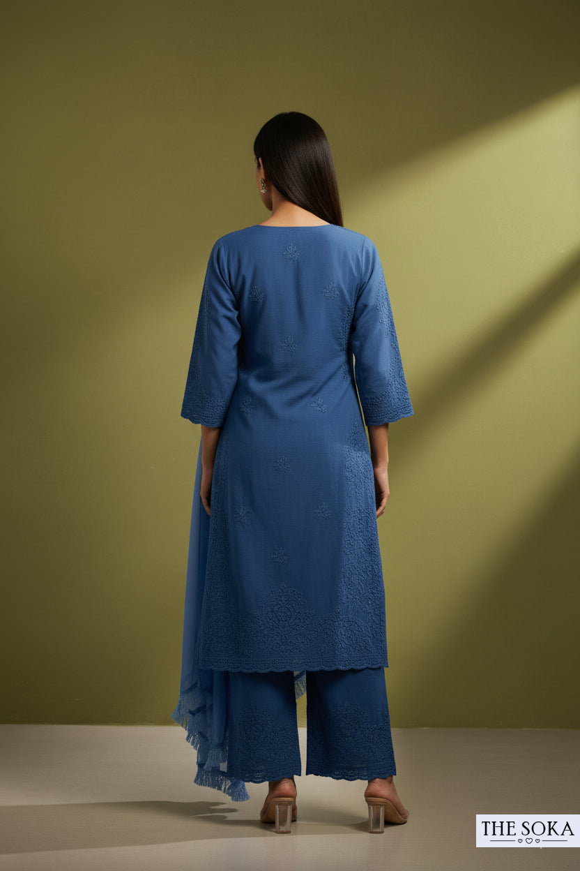 Cornflower Blue Pure Chikankari Premium Reyon Embroidered Handwork 