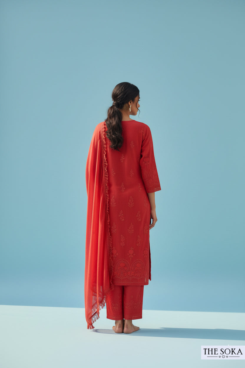 Red Pure Chikankari Premium Reyon Embroidered Handwork 