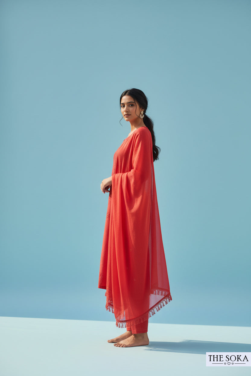 Red Pure Chikankari Premium Reyon Embroidered Handwork 