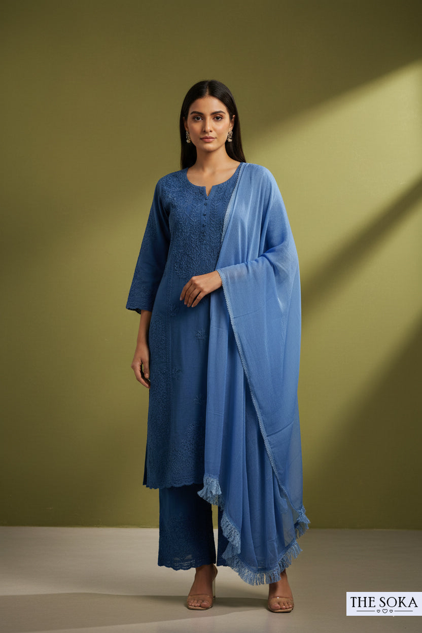 Cornflower Blue Pure Chikankari Premium Reyon Embroidered Handwork 