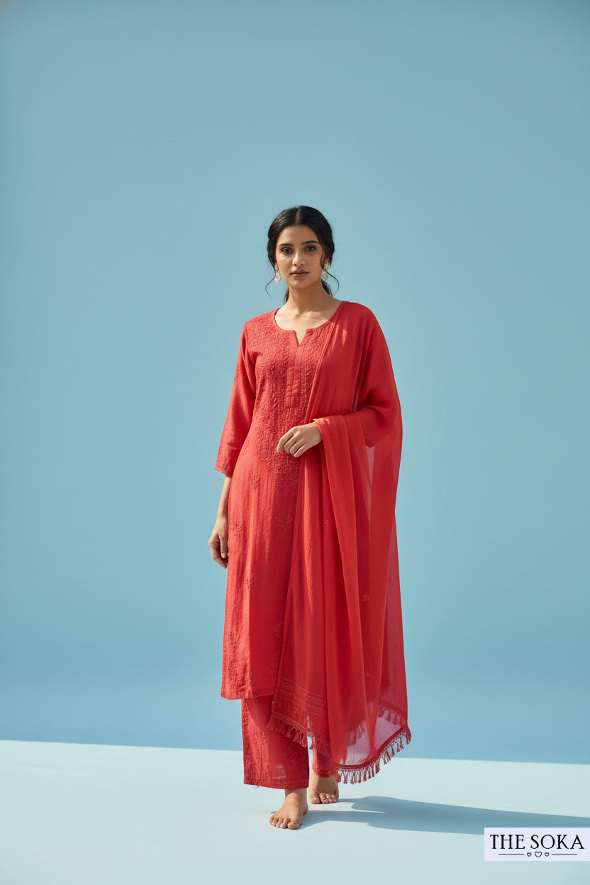 Red Pure Chikankari Premium Reyon Embroidered Handwork 