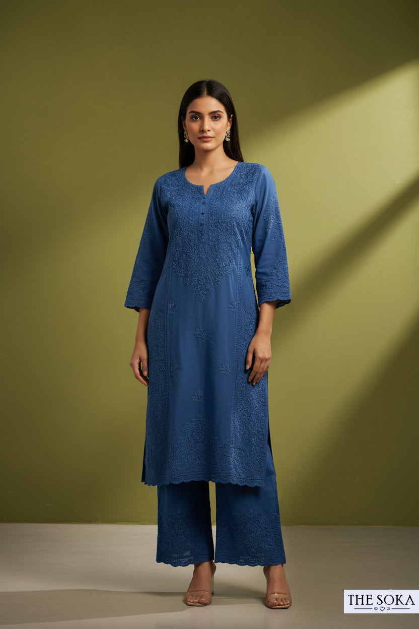 Cornflower Blue Pure Chikankari Premium Reyon Embroidered Handwork 