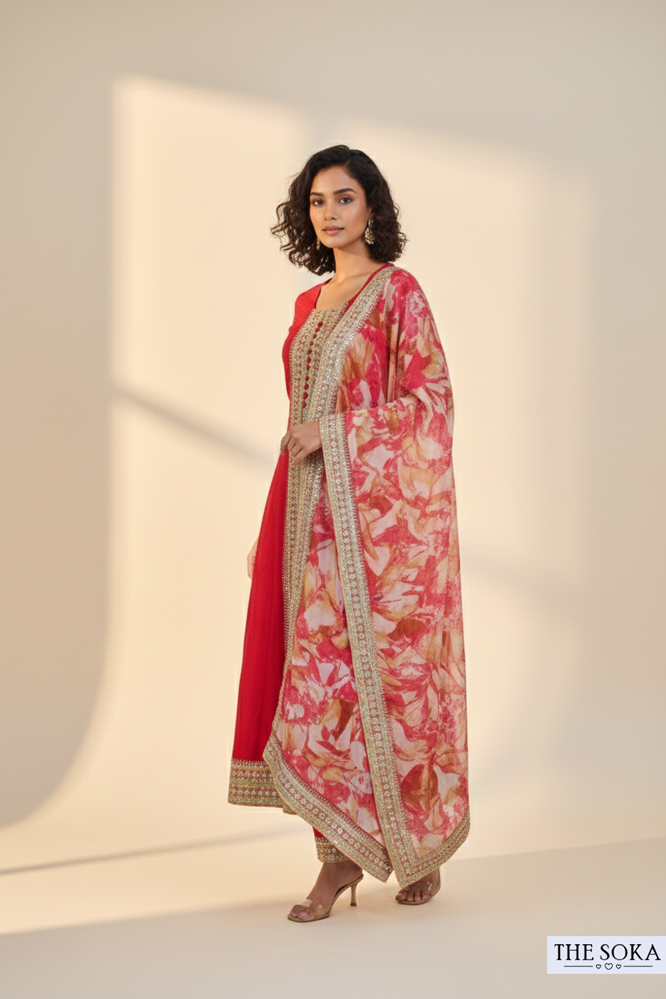 Crimson Red Anarkali Kurta Set with Printed Dupatta Set