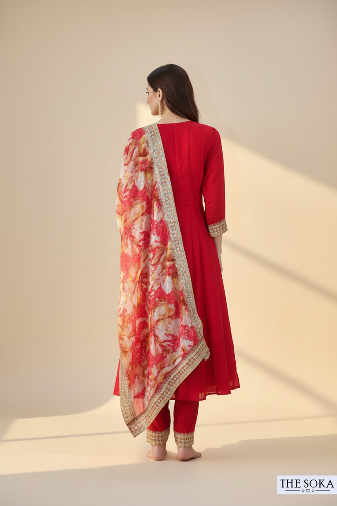 Crimson Red Anarkali Kurta Set with Printed Dupatta Set