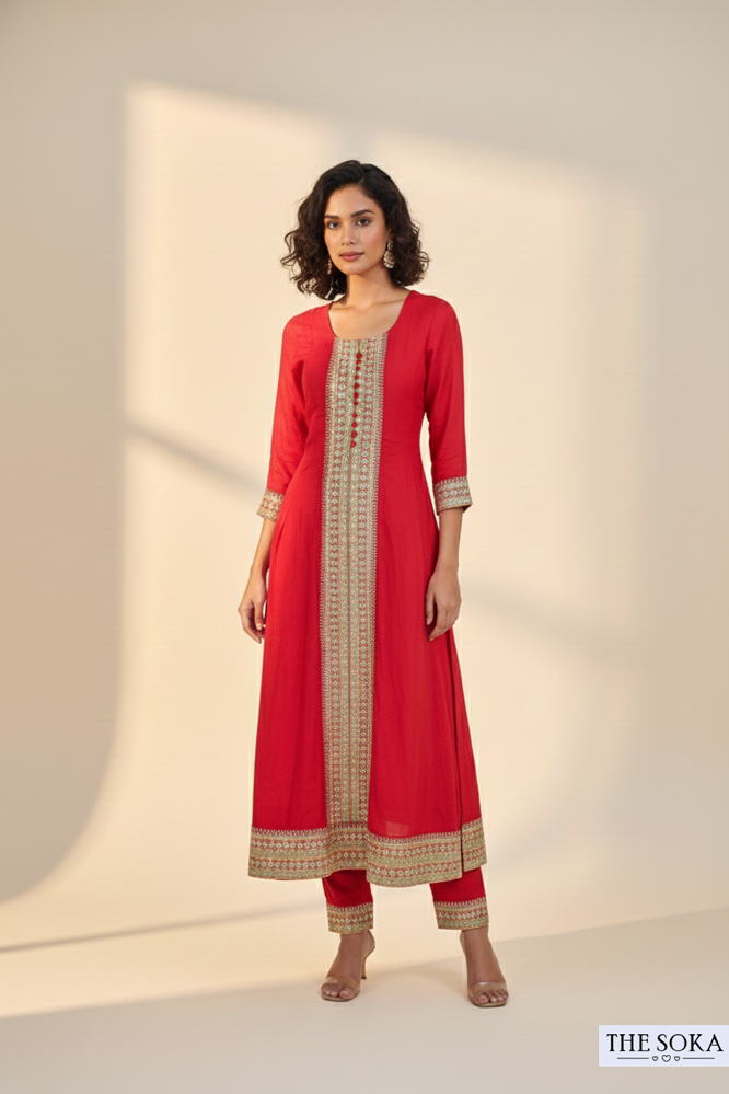Crimson Red Anarkali Kurta Set with Printed Dupatta Set