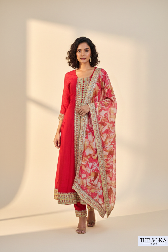 Crimson Red Anarkali Kurta Set with Printed Dupatta Set