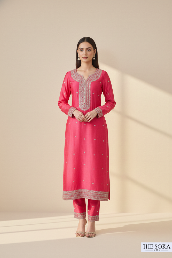 Crimson Red Embroidered A-Line Kurta Set with Dupatta