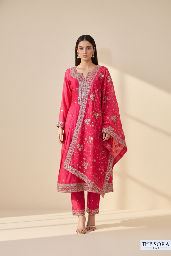 Crimson Red Embroidered A-Line Kurta Set with Dupatta