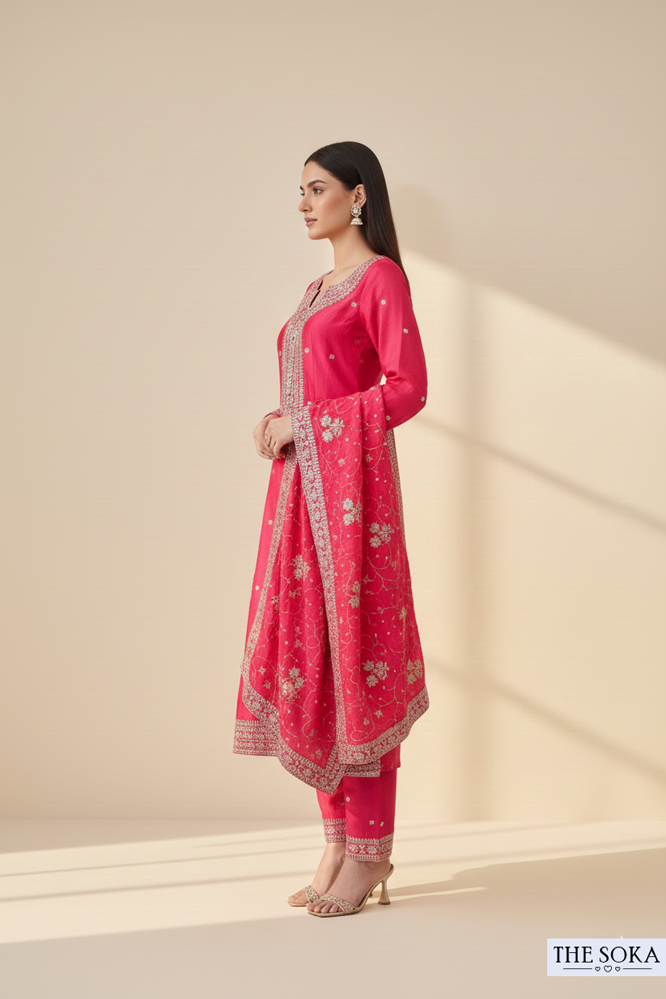 Crimson Red Embroidered A-Line Kurta Set with Dupatta