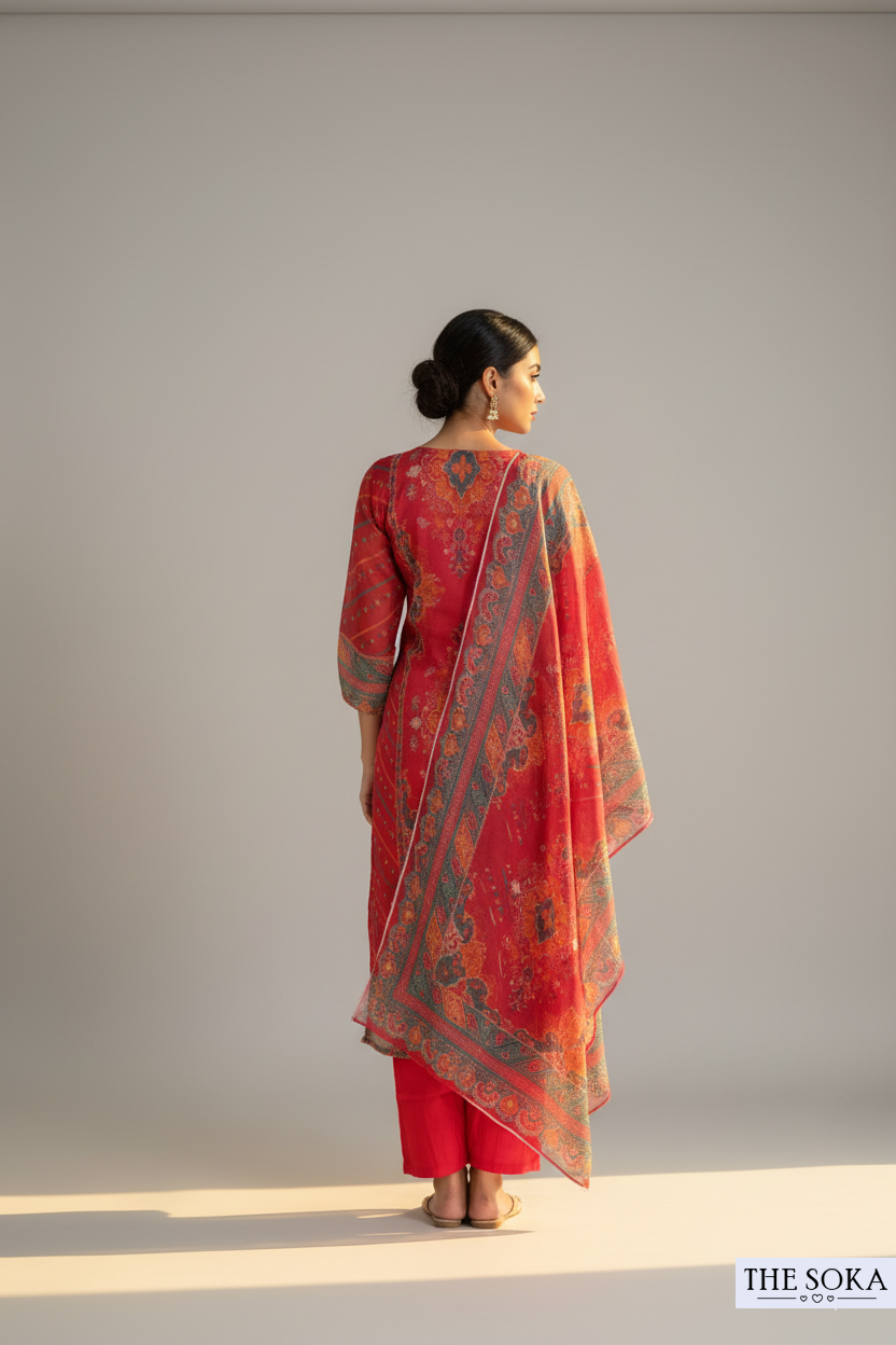 Crimson Red Printed Kurta Set with Dupatta