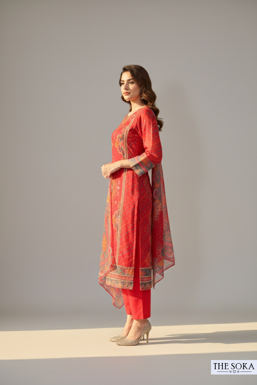 Crimson Red Printed Kurta Set with Dupatta
