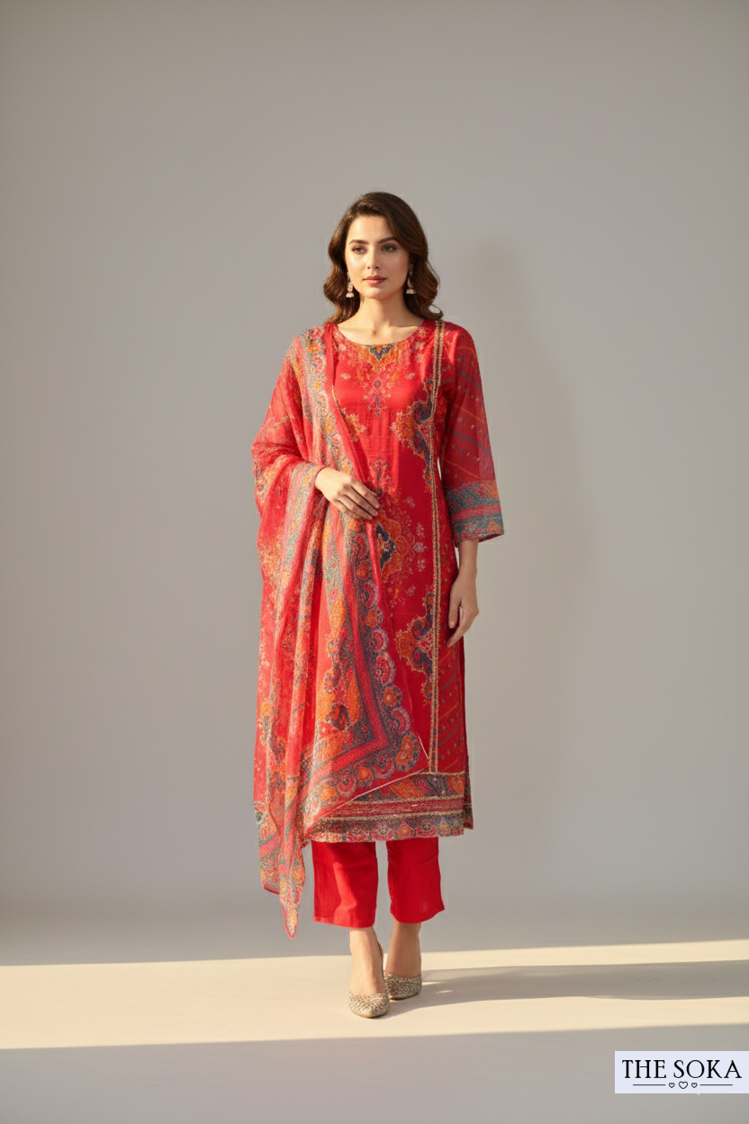 Crimson Red Printed Kurta Set with Dupatta