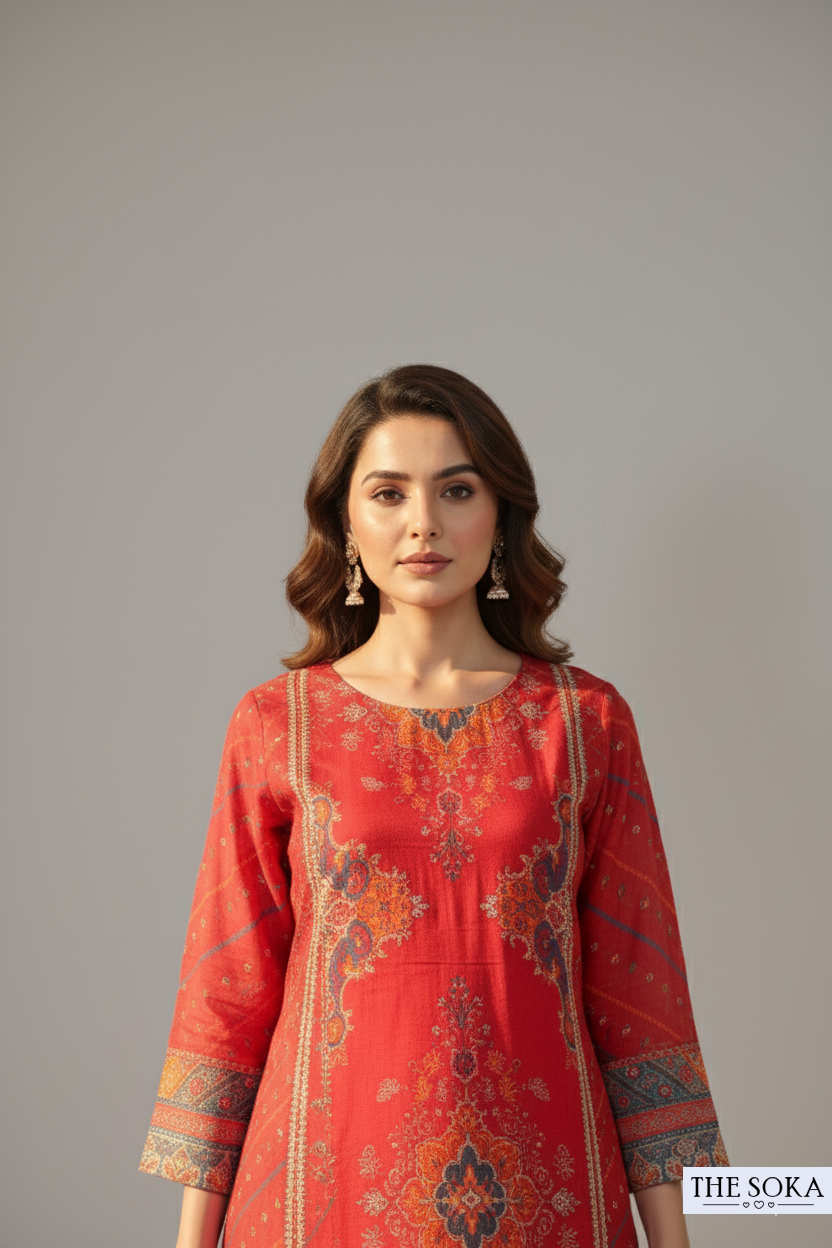 Crimson Red Printed Kurta Set with Dupatta