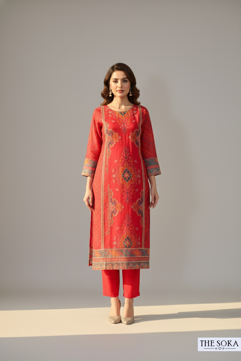 Crimson Red Printed Kurta Set with Dupatta