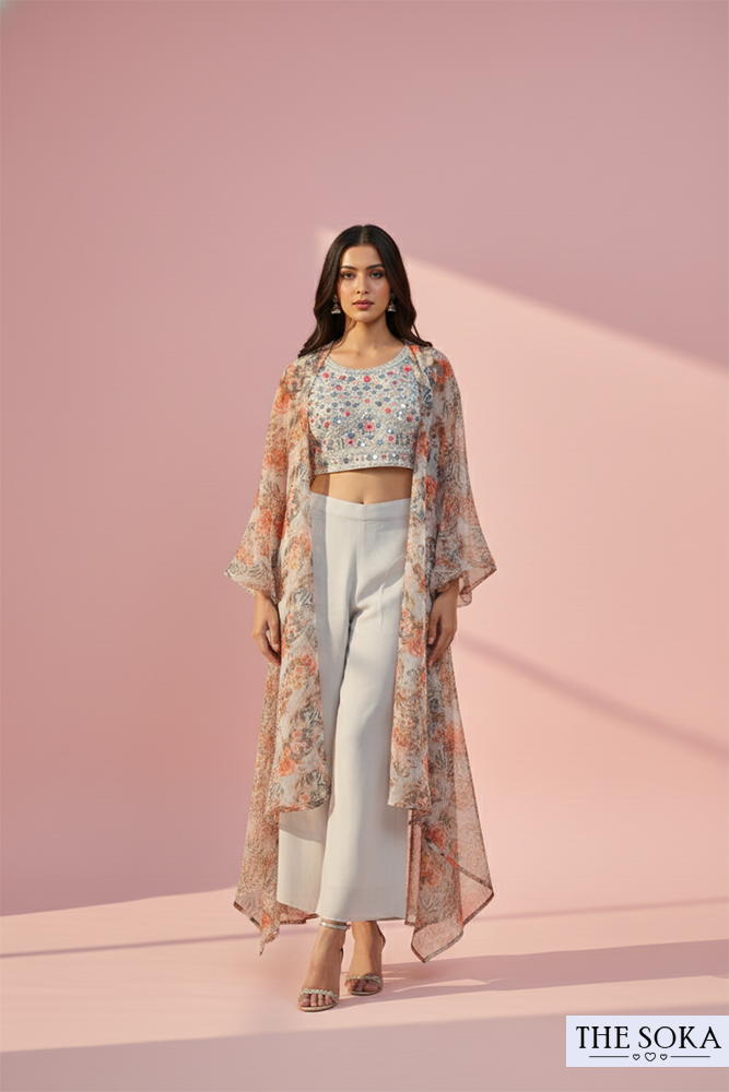 Women wearing embroidered top with palazzo and shrug set featuring a floral sheer long shrug and wide-leg palazzo pants for festive and ethnic wear.