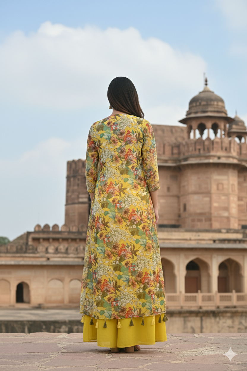 Person wearing a floral dress standing in front of a historic building with a blue sky.
