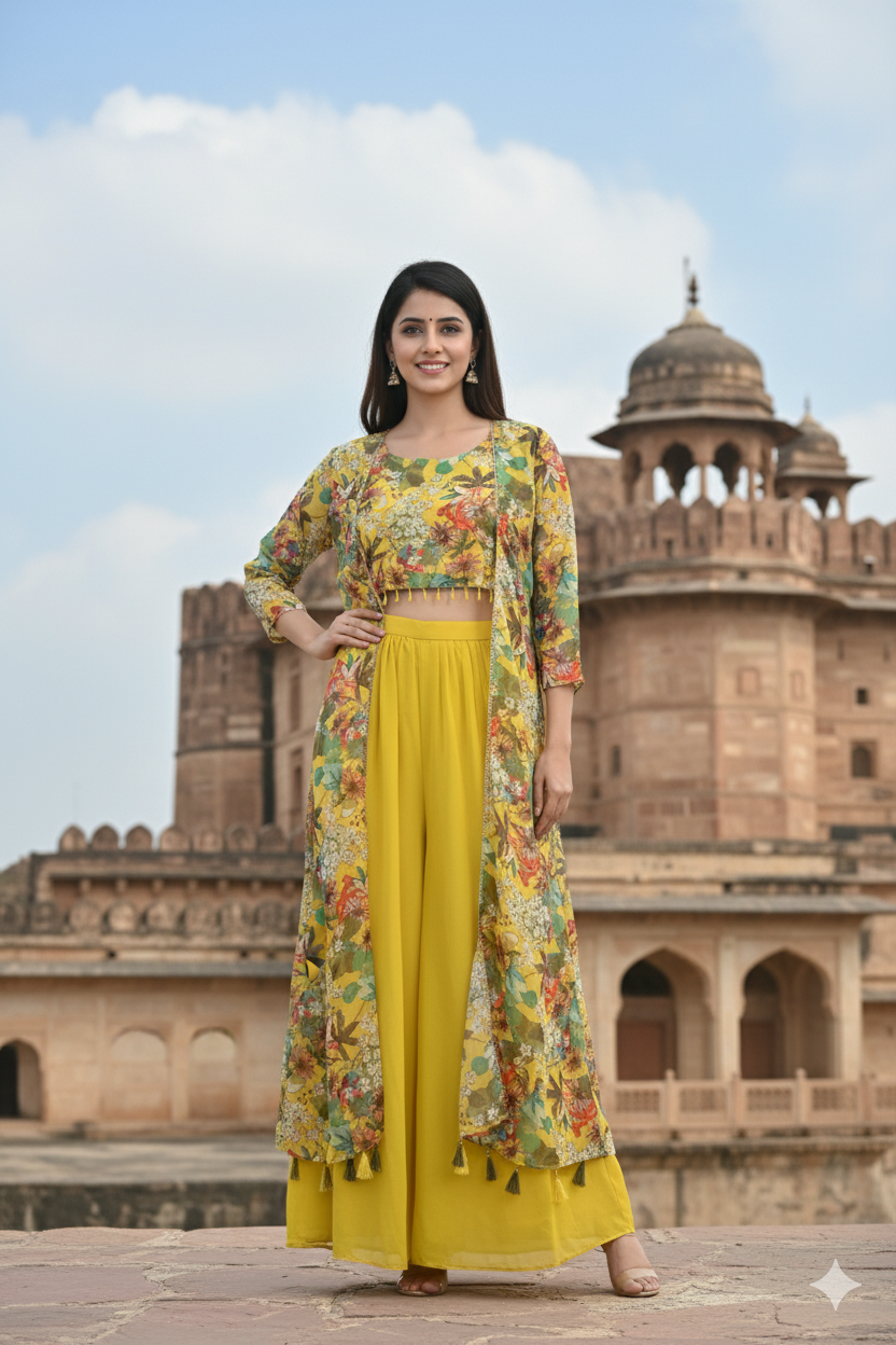 Woman in a floral dress standing in front of an architectural building