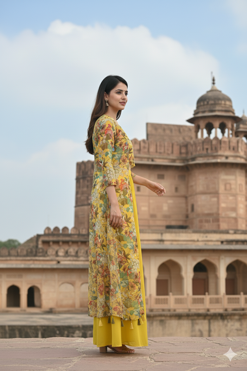 Woman in a yellow floral dress standing in front of an architectural building.