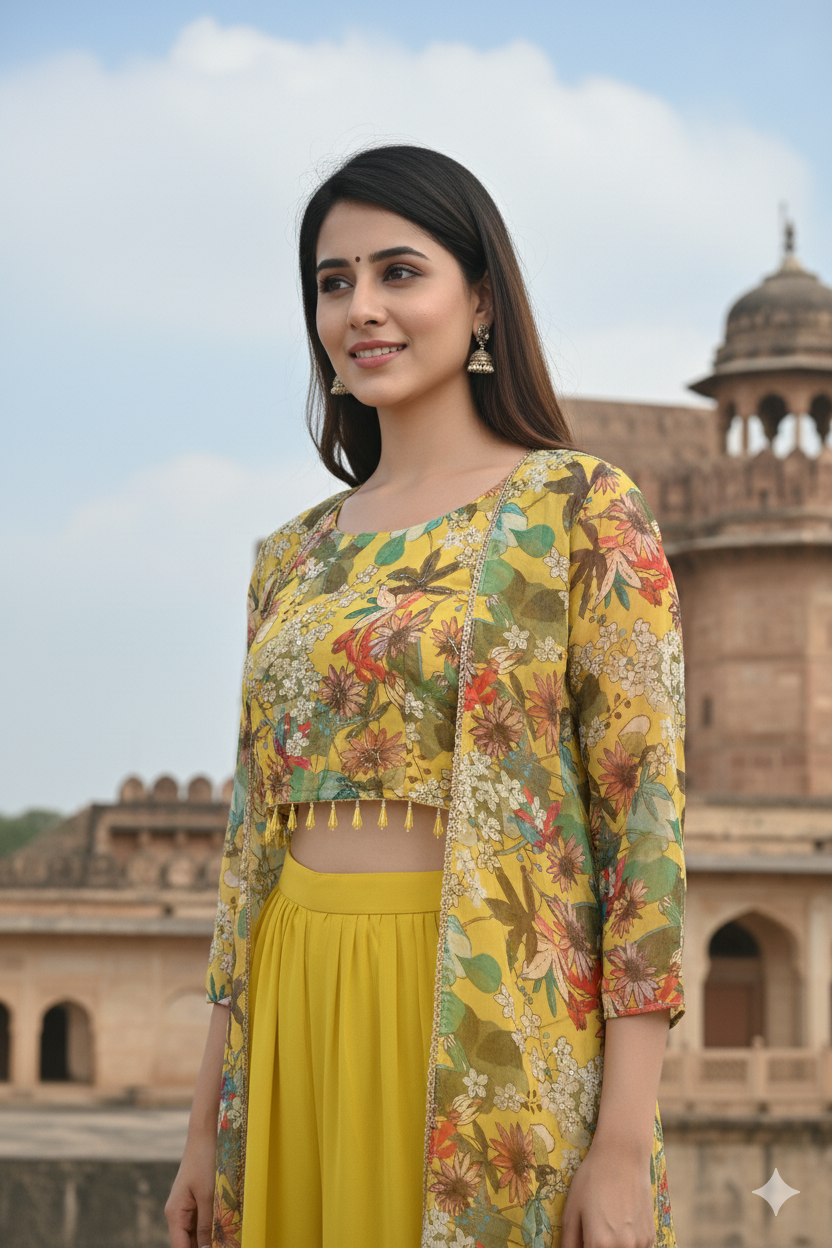 Woman wearing a floral top and yellow skirt with a historical building in the background