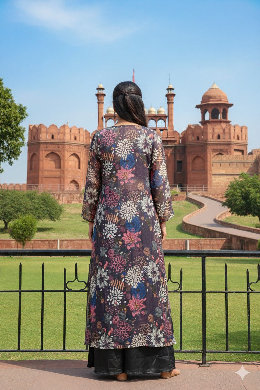 Person wearing a floral dress standing in front of a historic fort.