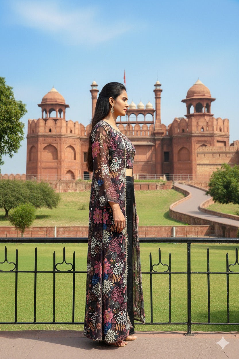 Woman in a floral dress standing in front of a historic red fort.