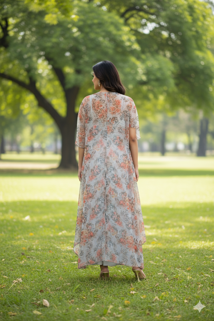 Woman in a floral dress standing in a park with trees and grass in the background