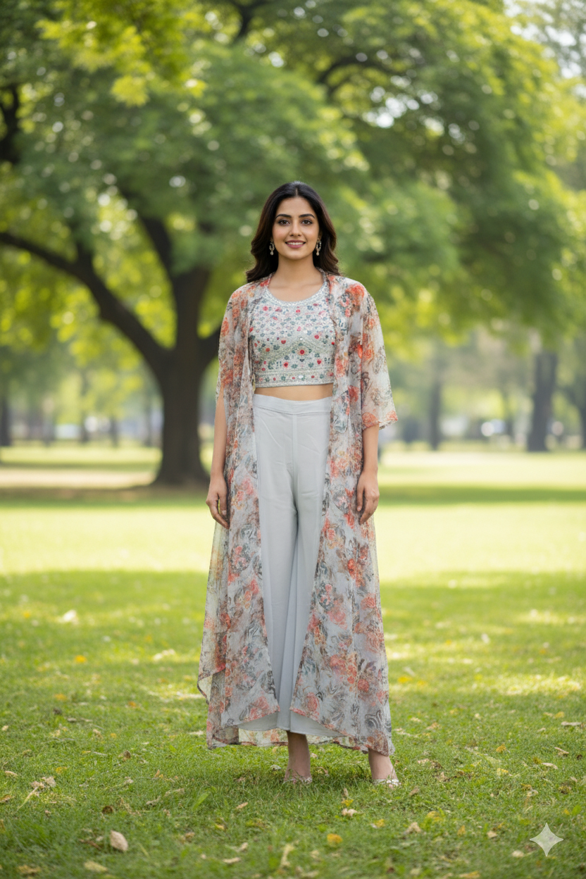 Woman in a floral outfit standing in a park with green trees and grass.