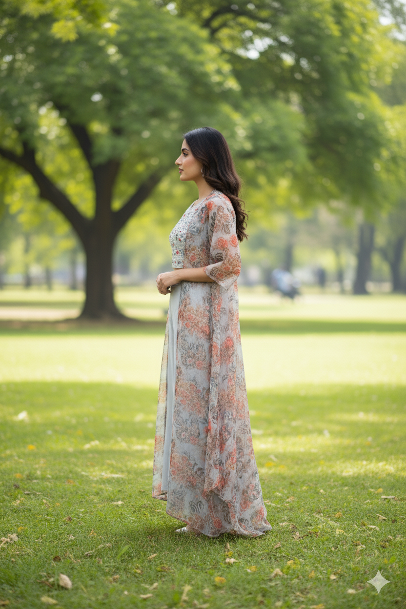 Woman in a floral dress standing in a park with trees and grass in the background