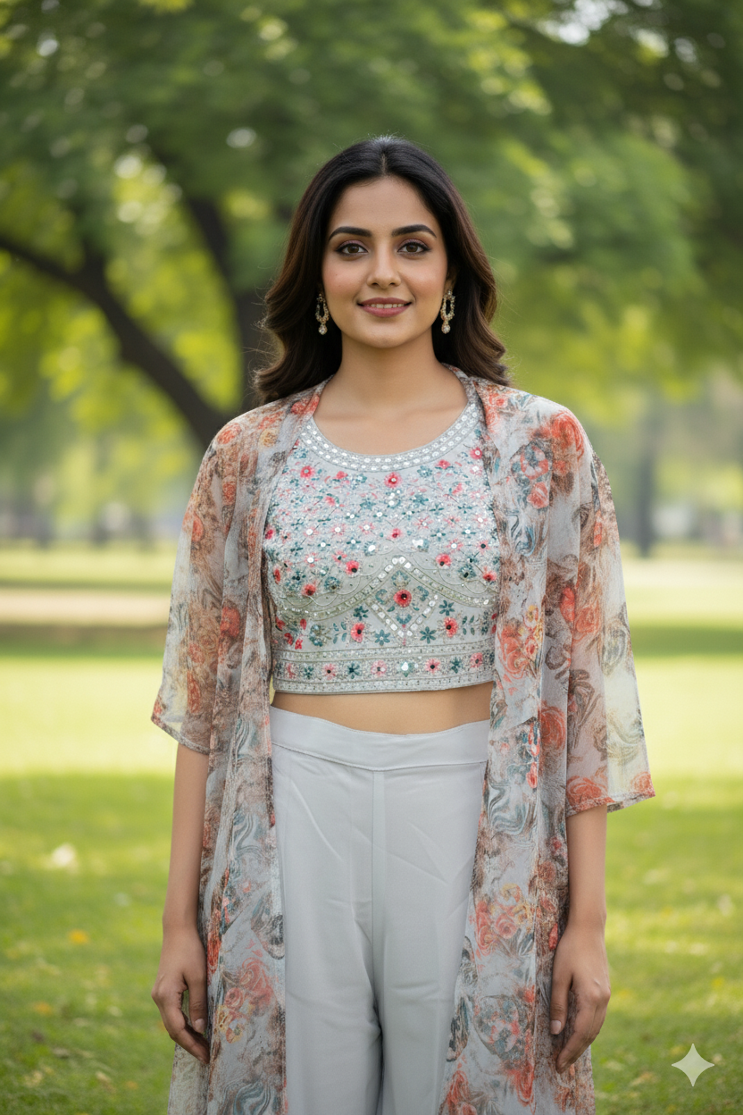 Woman in a floral outfit standing in a park with greenery
