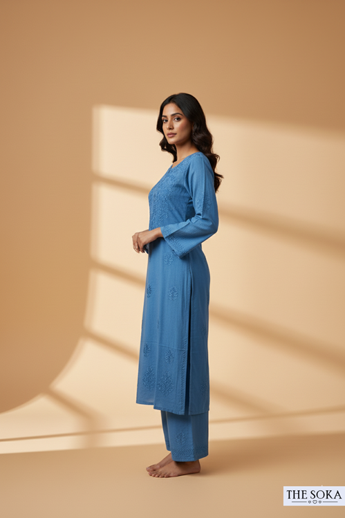 Dark Blue Pure Chikankari Premium Modal Embroidered Handwork Set