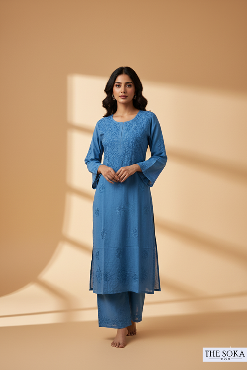 Dark Blue Pure Chikankari Premium Modal Embroidered Handwork Set