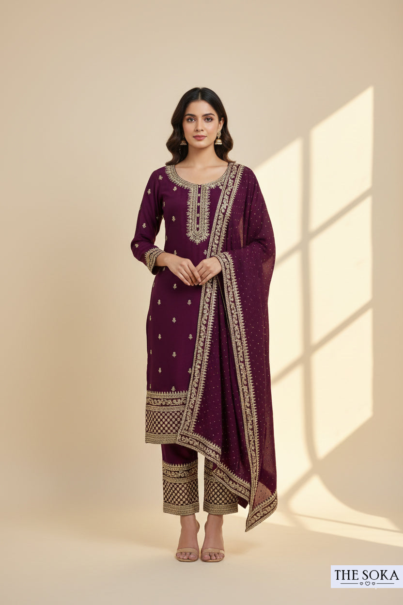 Dark purple Shade Embroidered Kurta Set with Pants and Dupatta