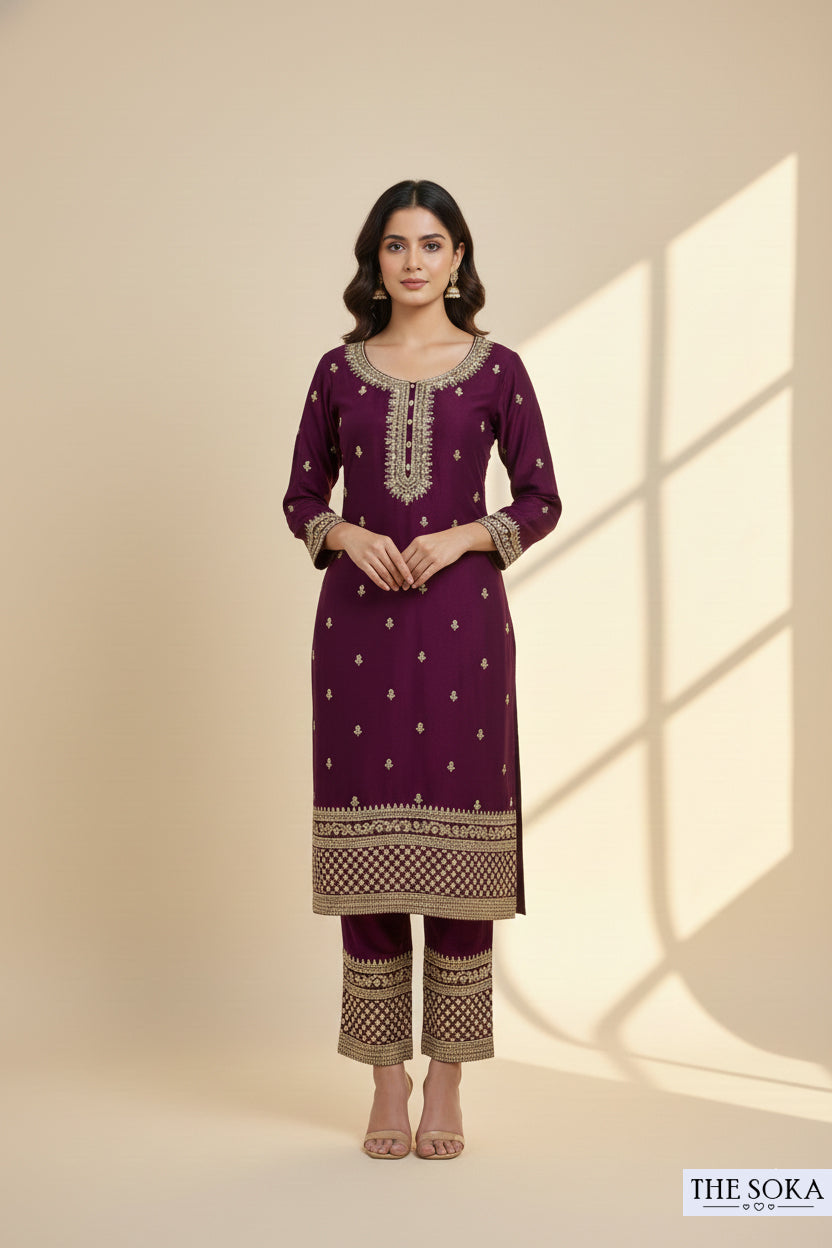Dark purple Shade Embroidered Kurta Set with Pants and Dupatta