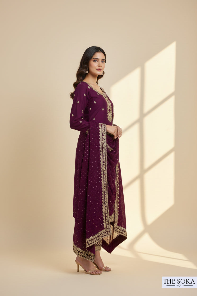 Dark purple Shade Embroidered Kurta Set with Pants and Dupatta