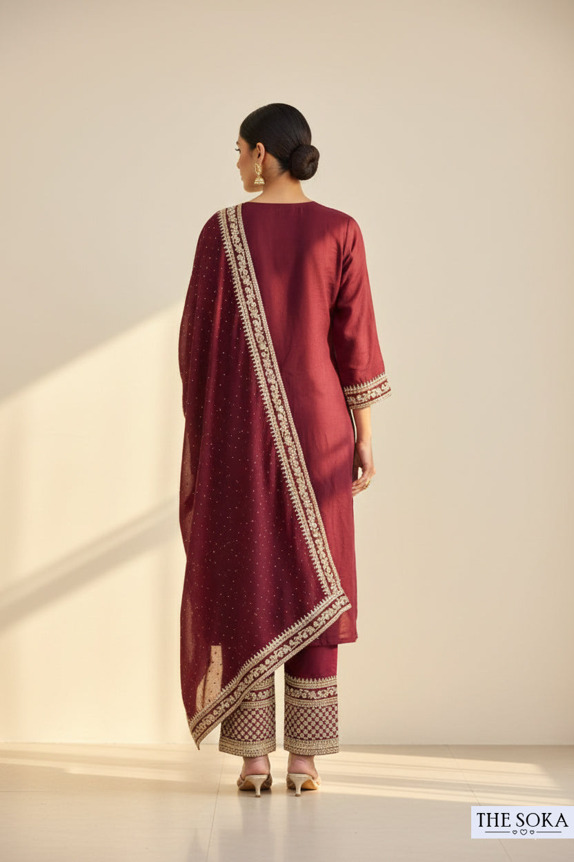 Dark purple Shade Embroidered Kurta Set with Pants and Dupatta