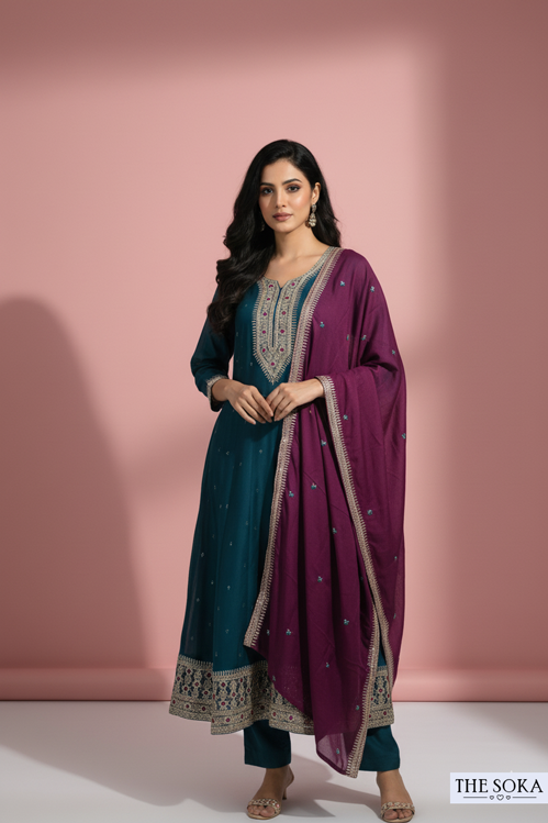 Deep Jewel Tone Lavender Embroidered Anarkali Suit Set with Pants and Dupatta