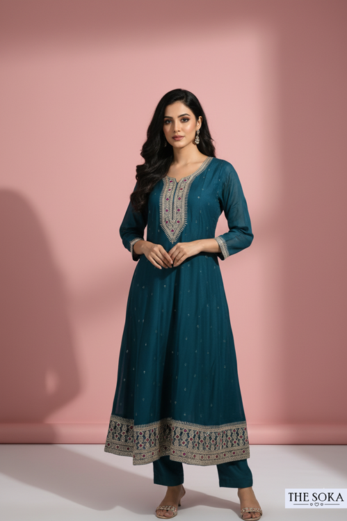 Deep Jewel Tone Lavender Embroidered Anarkali Suit Set with Pants and Dupatta