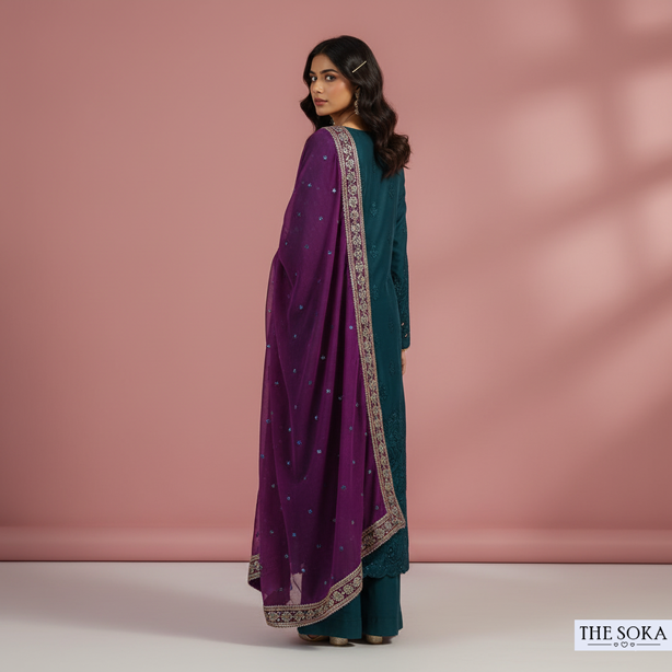 Deep Jewel Tone Lavender Embroidered Anarkali Suit Set with Pants and Dupatta