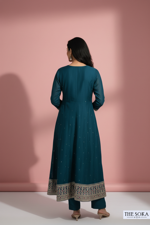 Deep Jewel Tone Lavender Embroidered Anarkali Suit Set with Pants and Dupatta