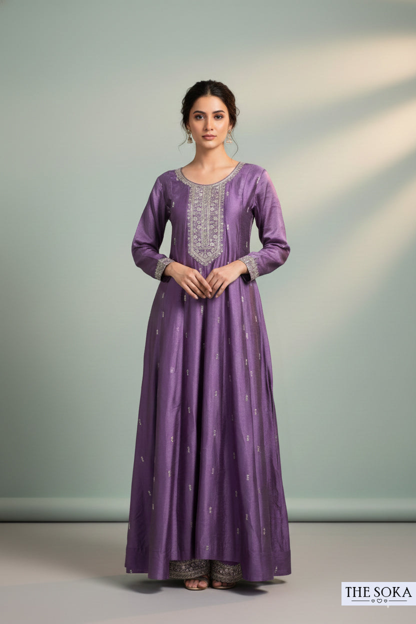 Deep Mauve Lavender Embroidered Anarkali Suit Set with Pants and Dupatta