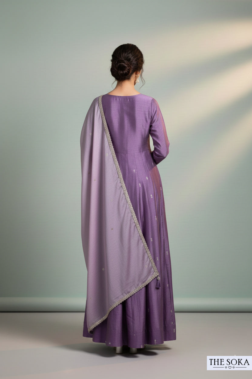 Deep Mauve Lavender Embroidered Anarkali Suit Set with Pants and Dupatta