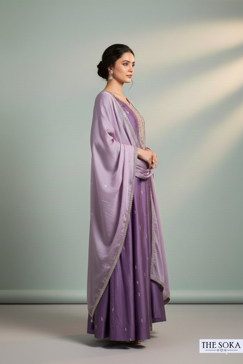 Deep Mauve Lavender Embroidered Anarkali Suit Set with Pants and Dupatta