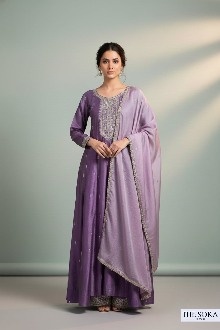 Deep Mauve Lavender Embroidered Anarkali Suit Set with Pants and Dupatta