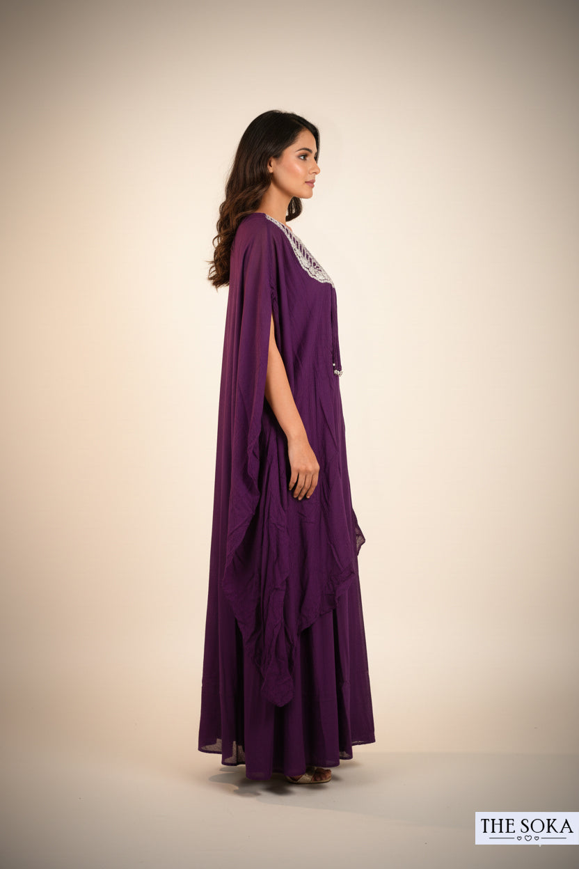 Pure Chinon Purple Embroidered  Cape, Blouse, and Skirt Set