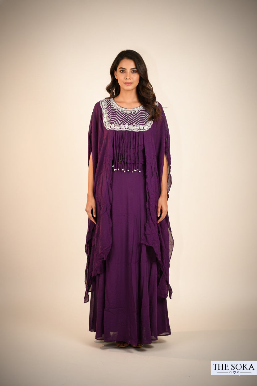 Pure Chinon Purple Embroidered  Cape, Blouse, and Skirt Set