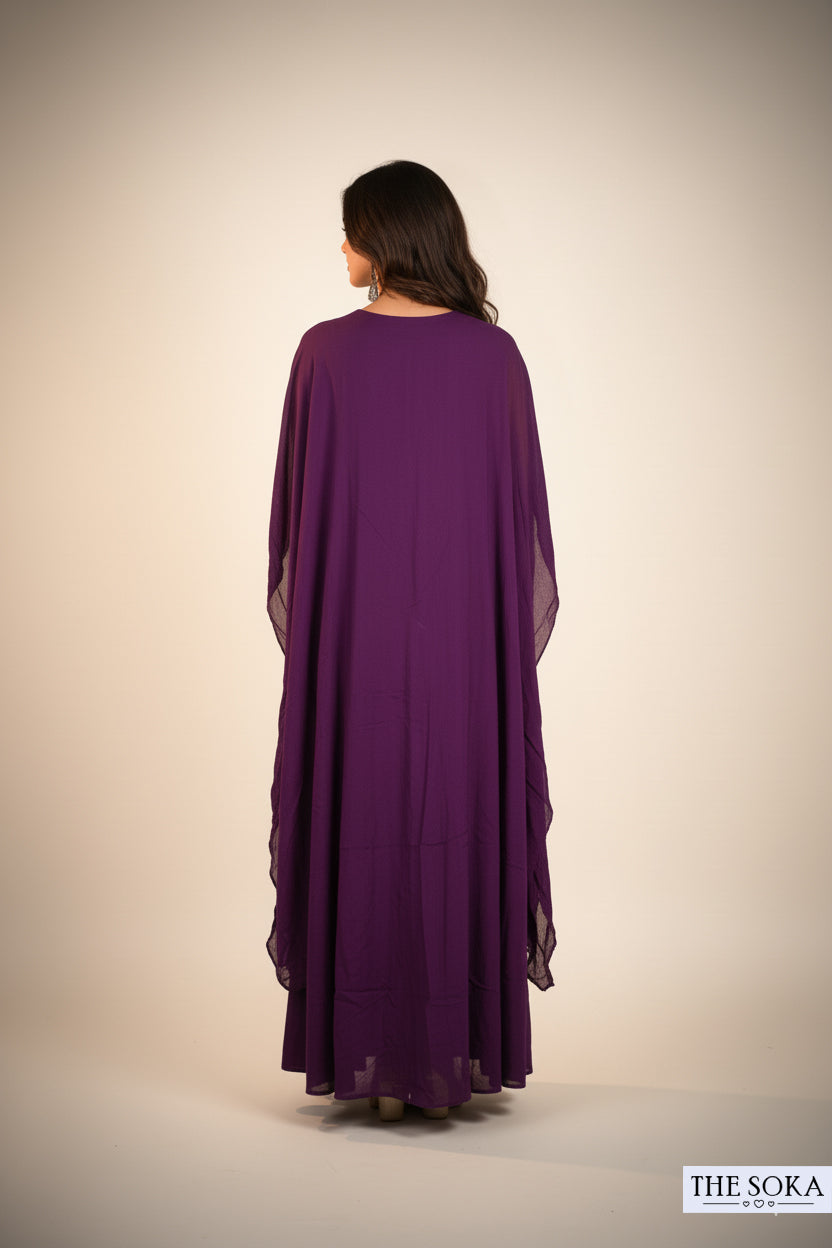 Pure Chinon Purple Embroidered  Cape, Blouse, and Skirt Set